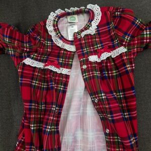 Red Plaid Button-Up Dress with Lace Trim